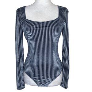 Sophie Rue Stone Blue Velvet Ribbed Square Neck Long Sleeve Thong Bodysuit Med